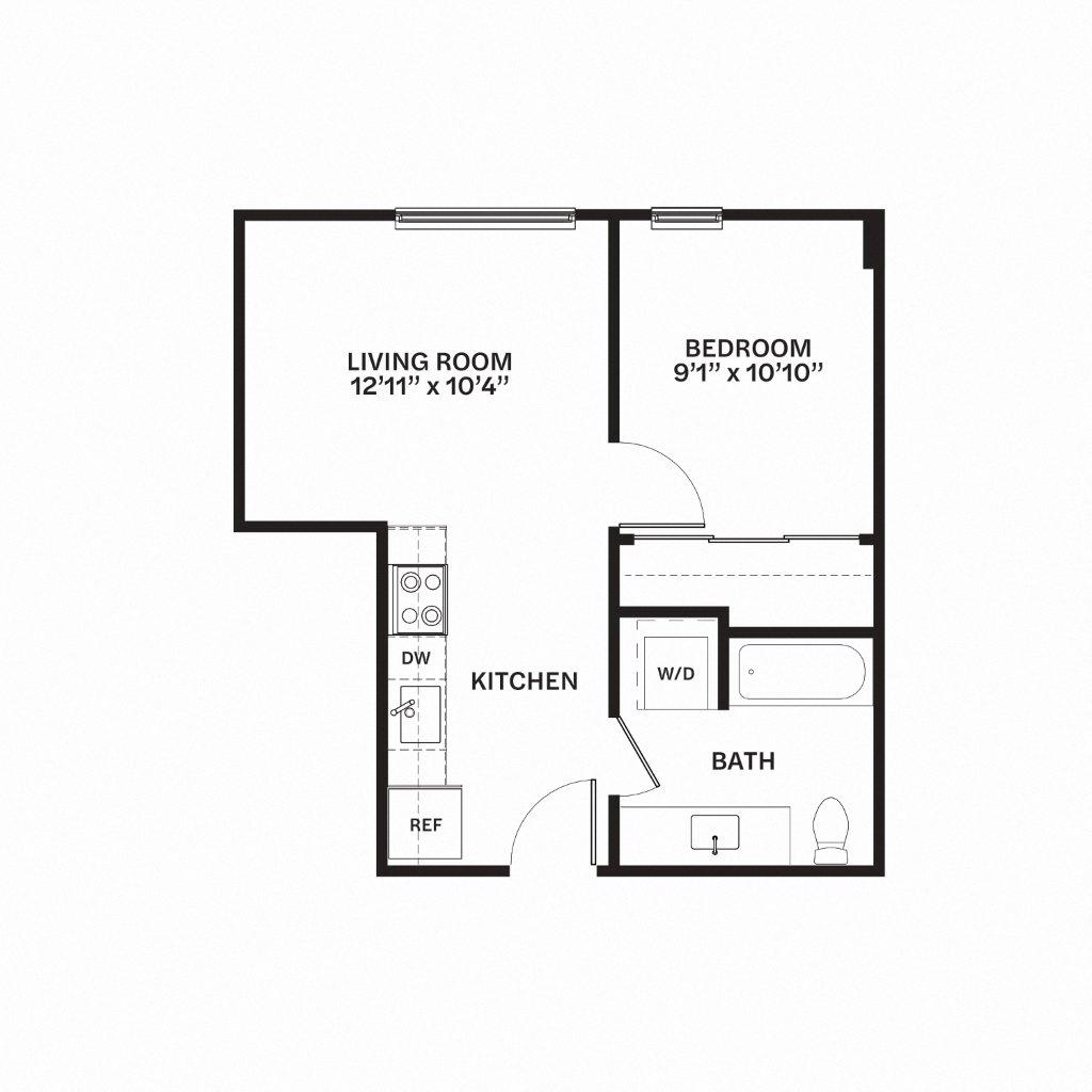 Floor plan for 1 bed, 1 bath, 500 sqft
